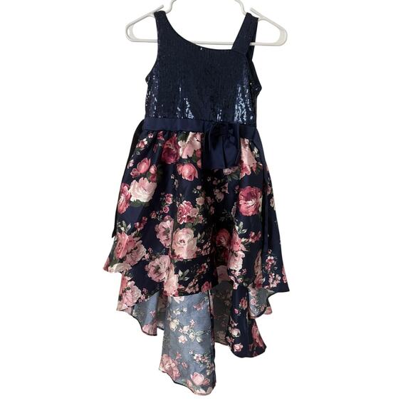Bonnie Jean Girls size 10 Navy Sequin Floral Layered Dress High Low Formal - Picture 1 of 5